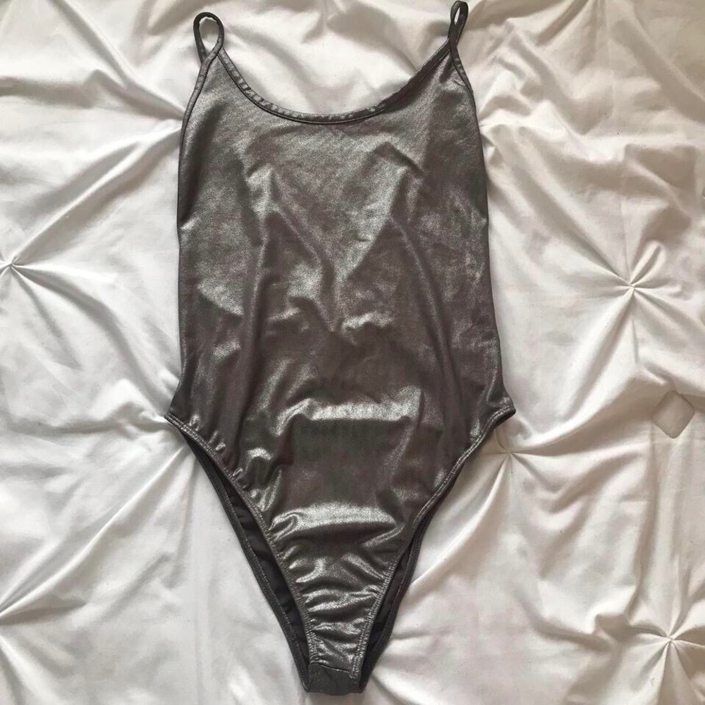 H&M grey shimmery backless bodysuit